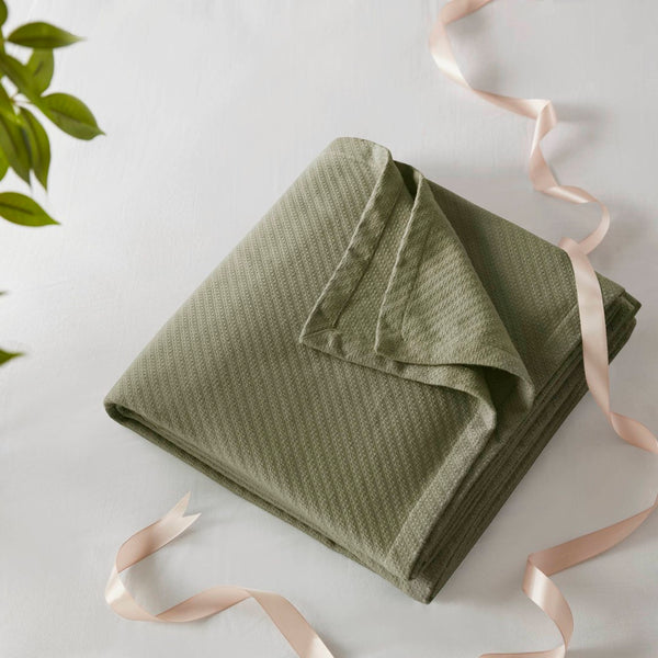 English Elm 1-piece King Cotton Woven Blanket Oeko-tex Certified Lightweight Layering Bedding Olive Green B035P408738