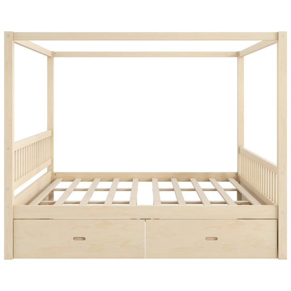 English Elm Wooden Canopy Queen Bed Solid Frame with Built-in Storage Drawers Slatted Base Natural N7090005037N