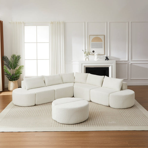 English Elm Modular Chenille Sectional Sofa with Curved Footstools and Cloud Foam Cushioning Beige W3505S00056