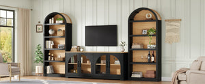 English Elm 3-piece Farmhouse Entertainment Center with Arched Glass Doors and Open Tower Shelving Black N721S000070B