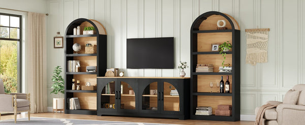 English Elm 3-piece Farmhouse Entertainment Center with Arched Glass Doors and Open Tower Shelving Black N721S000070B