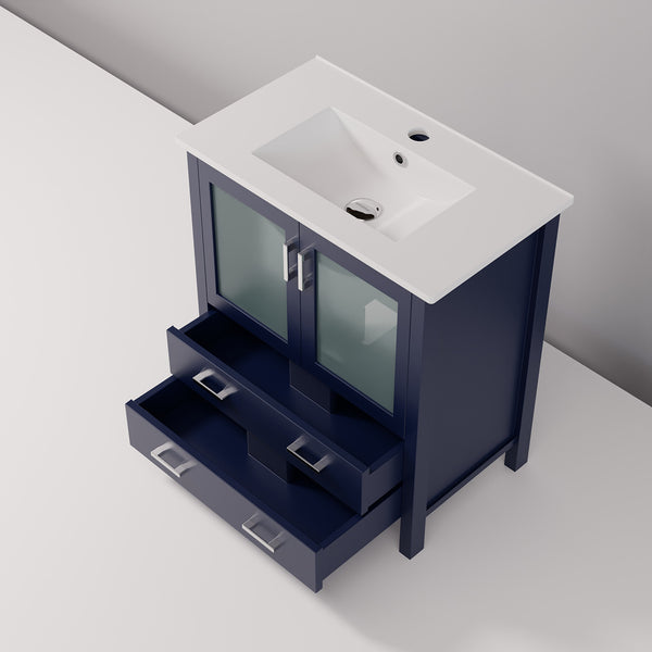 English Elm Navy Blue Bath Vanity: 30" W X 18.25" D With Elegant White Ceramic Top & Ample Storage Space B2731P260427