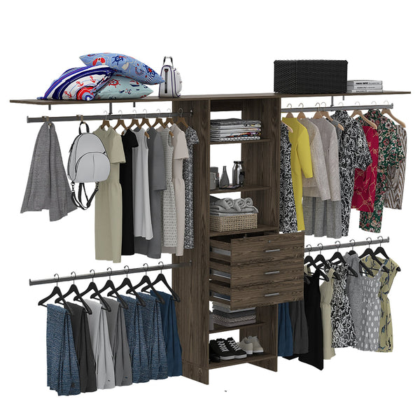English Elm Closet Adjustable Storage System 70–118" W with Three Hanging Rods, Five Shelves & One Drawer, Engineered Wood Walnut 51 L x 20 W x 5 H B097S00147