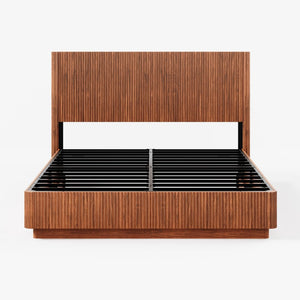 English Elm Queen Bed Frame with Led Lighting Curved Groove Panels and Floating Base Modern Bedroom Walnut W1820S00051