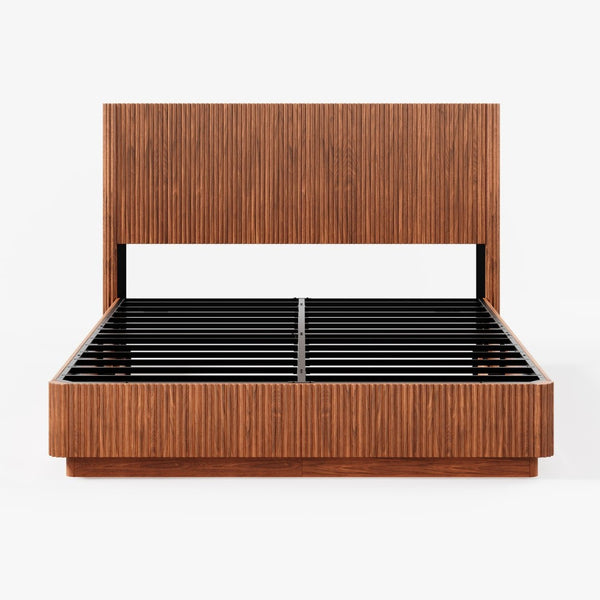 English Elm Queen Bed Frame with Led Lighting Curved Groove Panels and Floating Base Modern Bedroom Walnut W1820S00051