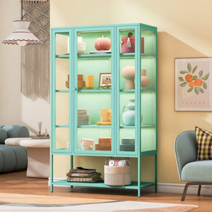 English Elm 67.25'' Tall Steel Curio Cabinet with Led Lighting and Tempered Glass Panels Cyan SN845P263995T