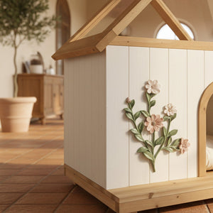 English Elm Daisy Cedar Pet House Acrylic Roof Floral Carved Indoor Outdoor Wooden Cat Shelter W3799P382526