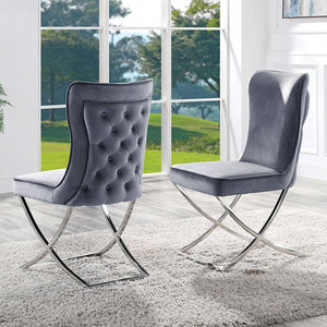 English Elm Glam Gray Velvet Button-Tufted Dining Side Chairs Set of 2 — Chrome Legs, Welt Trim, Contoured Backrest B011P208972