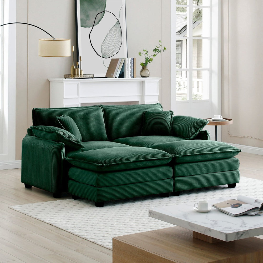 English Elm Two-Seater Theater Sofa In Luxurious Green Corduroy With Footrests – Perfect For Small Spaces! W714S00731-GIGA