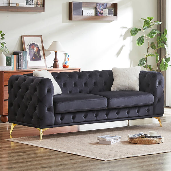 English Elm FX Velvet Chesterfield Sofa 82.5" Deluxe Tufted Design with 2 Pillows, Metal Legs, 750lb Capacity Black W1926S00072