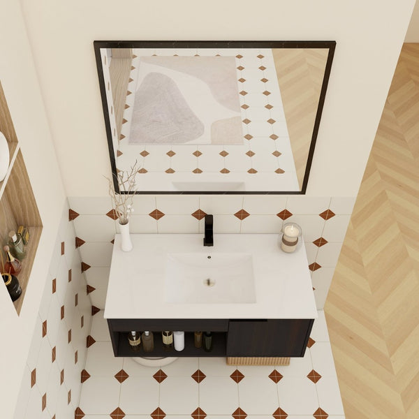 English Elm 36" Floating Bathroom Vanity Dark Oak Ceramic Sink Open Shelf Soft Close Storage W3450P435874