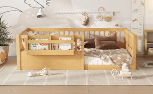 English Elm Twin Low Profile Kids Floor Bed Pine Wood Frame with Safety Rail and Built in Bookshelf Natural W1580P373137