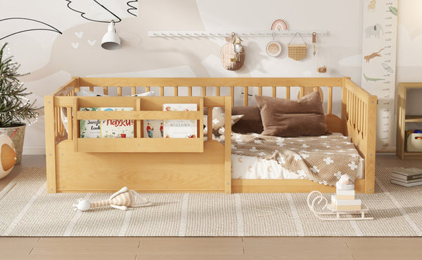 English Elm Twin Low Profile Kids Floor Bed Pine Wood Frame with Safety Rail and Built in Bookshelf Natural W1580P373137