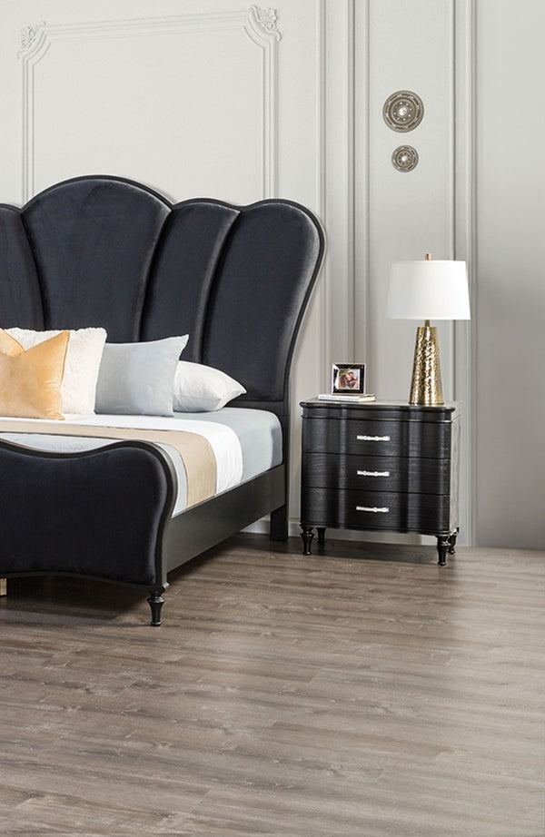 English Elm 1pc Nightstand Scalloped Serpentine Front Bedside Table with Chrome Pulls Elegant Art Deco Flair Black 31 L x 20 W x 28 H B011P326224