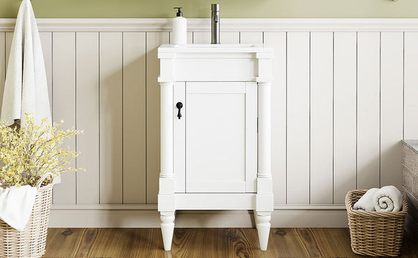 English Elm 18-Inch Modern Bathroom Vanity with Sink Compact Retro Design Durable MDF & Solid Wood Legs Storage-Friendly White N710P257401K
