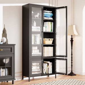 English Elm Large Metal Storage Cabinet with 4 Tempered Glass Doors, 5 Adjustable Shelves, Rust‑Resistant Steel, Black — Stylish Display & Secure Home Office Storage W2378P176271