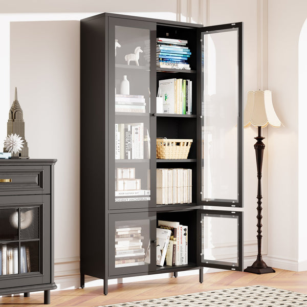 English Elm Large Metal Storage Cabinet with 4 Tempered Glass Doors, 5 Adjustable Shelves, Rust‑Resistant Steel, Black — Stylish Display & Secure Home Office Storage W2378P176271