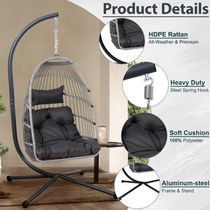 English Elm Foldable Hanging Egg Chair with Stand Pillow, HDPE Wicker, Rust‑Resistant Frame, Cushioned Headrest, 350lb Capacity Gray W2500P369668