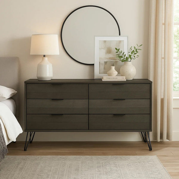English Elm Contemporary Solid Wood Six Drawer Dresser with Hairpin Legs for Bedroom Storage B056P417104