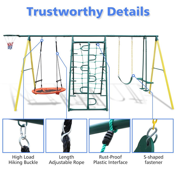 English Elm 2 in 1 Kids Outdoor Steel A-frame Backyard Swing Set with Saucer and Belt Seats W1408P163259