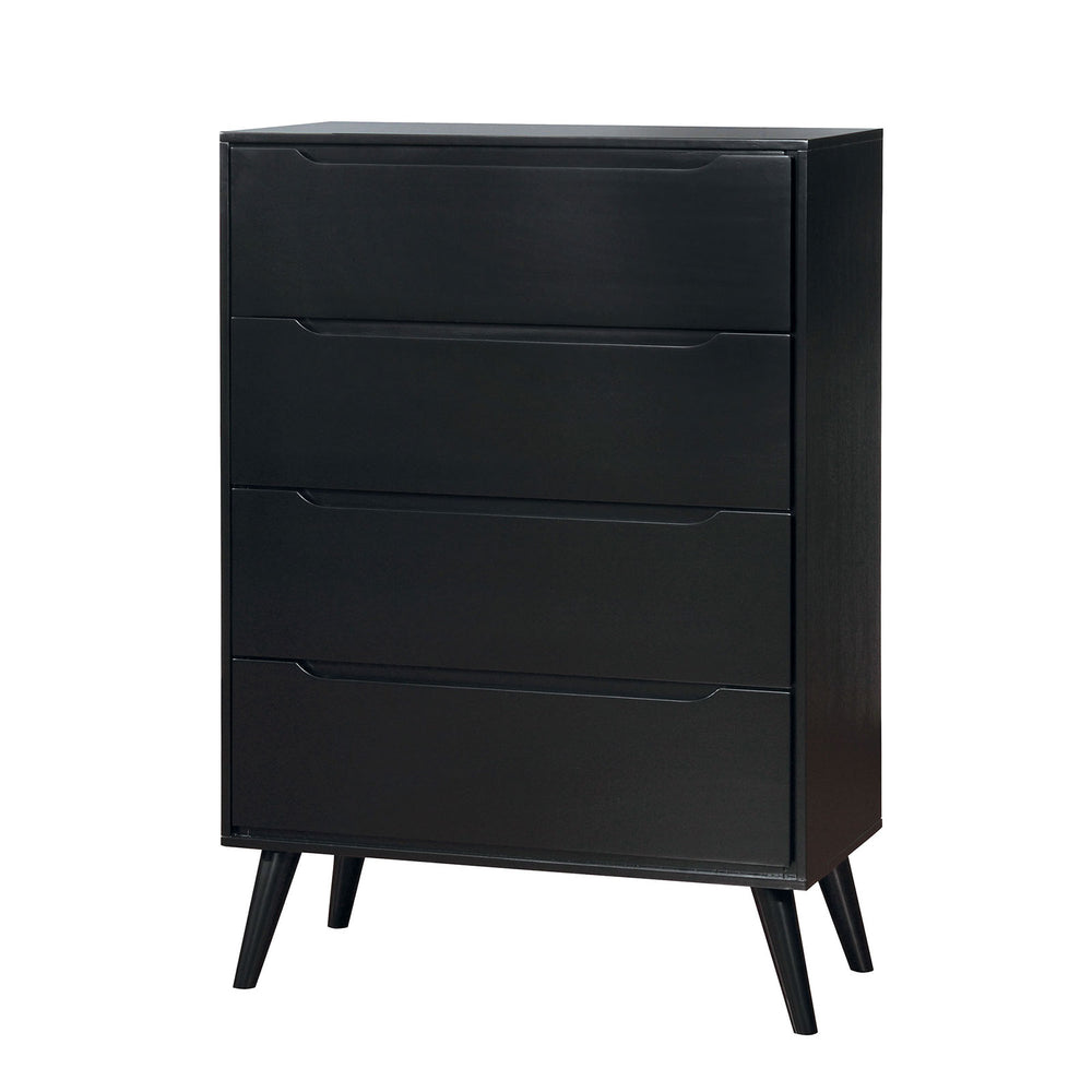 English Elm Black Mid-Century Chest 34"W x17"D x48"H – 4-Drawer Recessed Pulls, Tapered Legs, Sleek Modern Storage B2741P367988