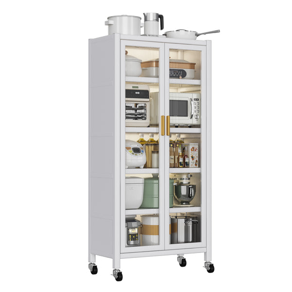 English Elm Open-door Vertical Kitchen Storage Cabinet with Microwave Shelf, Bakers Rack, 250KG Capacity Wheels White W509P164654