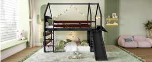 English Elm Full Size Pine Loft Bed House Frame with Slide Bookshelves and Moon Star Rails W1580S00314