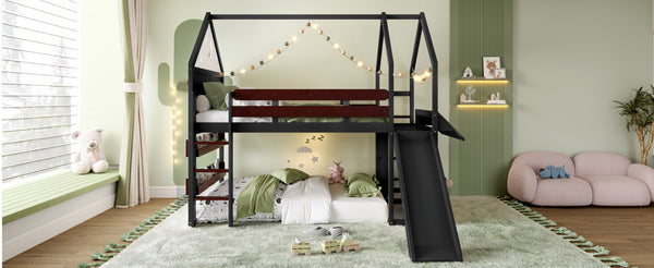 English Elm Full Size Pine Loft Bed House Frame with Slide Bookshelves and Moon Star Rails W1580S00314