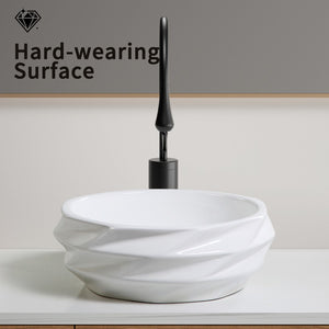 English Elm Round Diamond Quilted Ceramic Vessel Sink Gloss White Basin for Powder Rooms W3402P351192