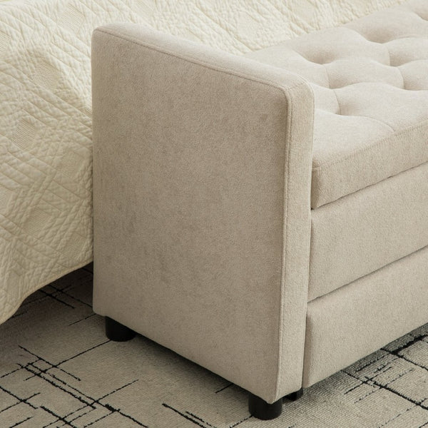 English Elm 58.27" Wide Napped Fabric Upholstered Storage Bench Rolled Armrest Caster Wheels Entryway Griege W3189P445991