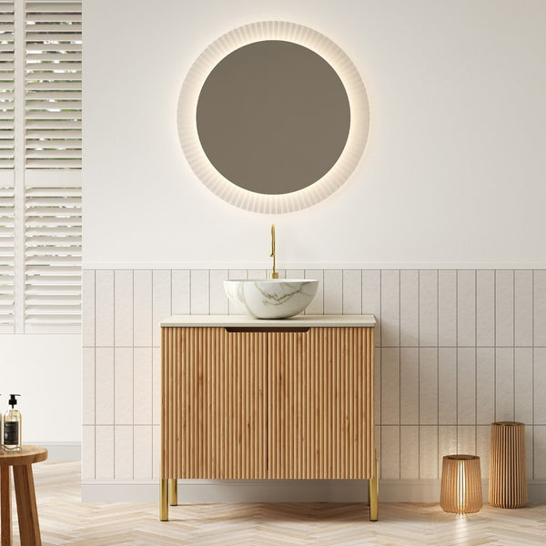 English Elm Turio Freestanding Bathroom Vanity Plywood Cabinet Sintered Stone Top Glass Basin W2615S00748