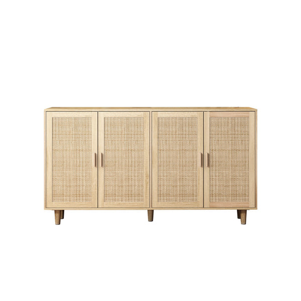 English Elm 62.20"Elegant 4-Door Rattan Storage Cabinet with Solid Wood Legs, Spacious Shelves & Easy Assembly Natural W757P190066
