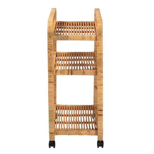 English Elm Modern Rattan Woven Kitchen Cart with Three Open Shelves and Rolling Caster Base B2750P467695