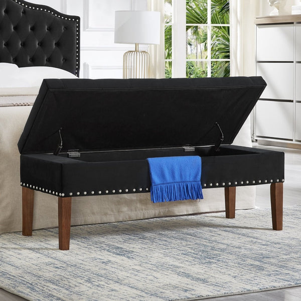 English Elm Tufted Velvet Storage Bench with Nail Head Trim Lift Top Lid for Bedroom Entryway Black W2186P262476