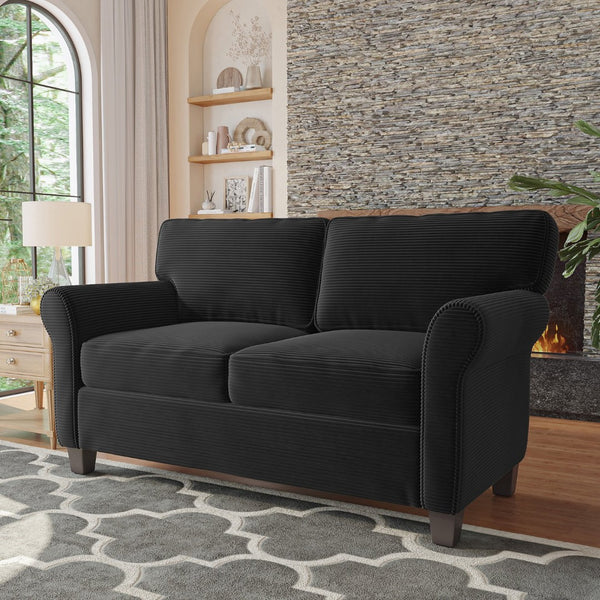 English Elm 57" Corduroy Two Seater Sofa Removable Cushions Solid Wood Frame Compact Living Room Black W2715P433633