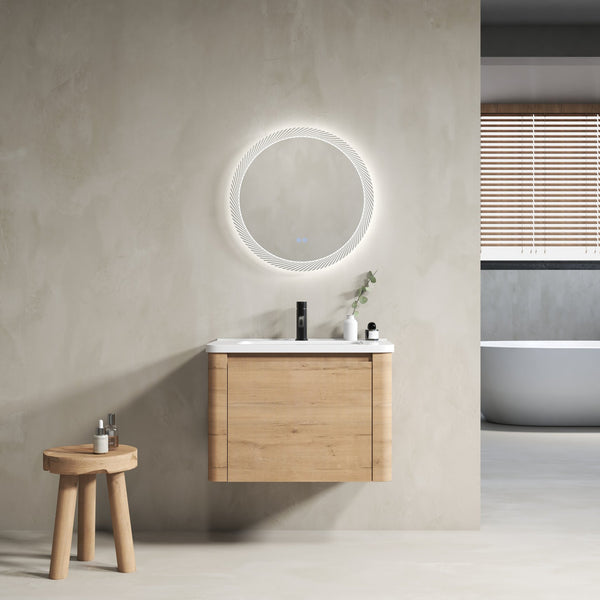 English Elm 28'' Wall-Mounted Bathroom Vanity with Ceramic Sink, Soft-Close Door, Plywood Durability & Space-Saving Design Imitative Oak W999P317929