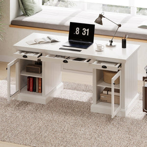 English Elm 67" White Executive Desk with Cabinet Storage Drawers and Usb Ports for Home Office N751S415499K