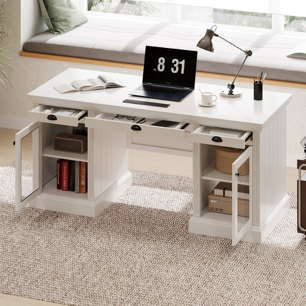 English Elm 67" White Executive Desk with Cabinet Storage Drawers and Usb Ports for Home Office N751S415499K