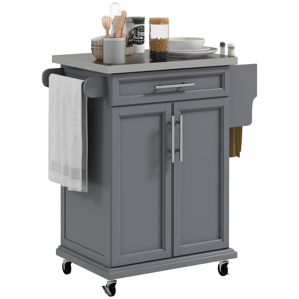 English Elm Homcom Rolling Kitchen Island Cart With Stainless Steel Top, Drawer, Spice Rack & Towel Holder, Gray W2225P200726