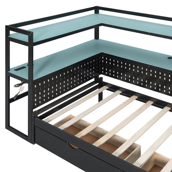 English Elm Twin Gaming Daybed with Led Strips Desk Pegboard Bookcase and Three Storage Drawers Black+Blue N820S00083C