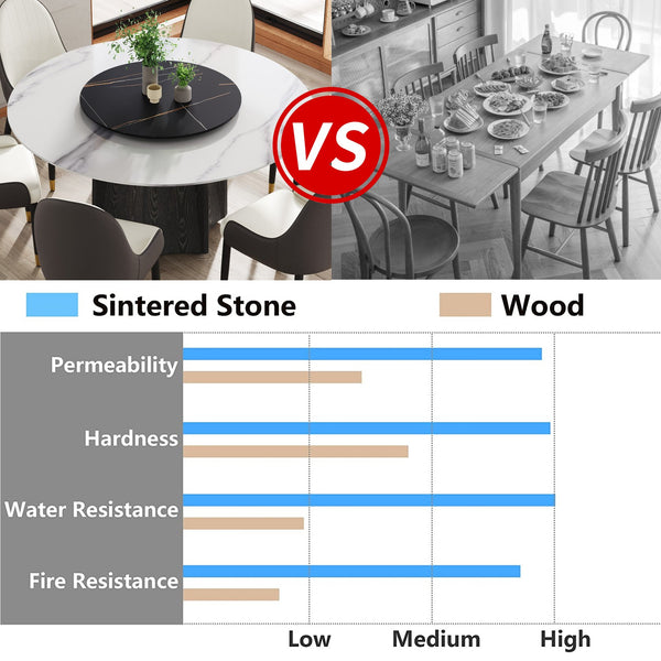 English Elm 59.05" Round Marble Dining Table With Black Oak Base & 31.5" Turntable For Elegant Gatherings W1535S00385