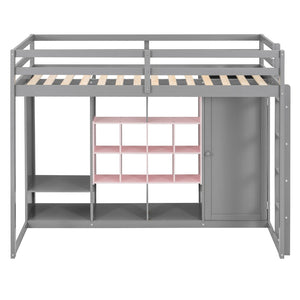English Elm Twin Loft Bed with Wardrobe Shelves and Cabinet Kids Bedroom Wood Storage Frame Pink+Grey N708S00023E