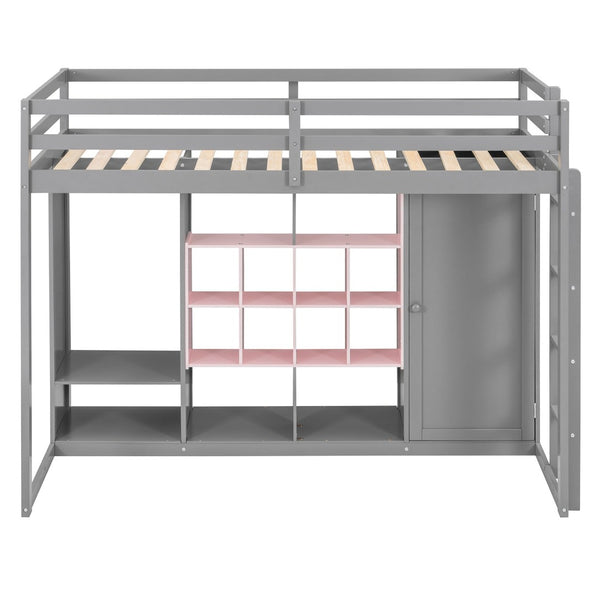 English Elm Twin Loft Bed with Wardrobe Shelves and Cabinet Kids Bedroom Wood Storage Frame Pink+Grey N708S00023E