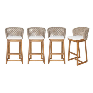 English Elm Outdoor Acacia Wood Barstools Set of 4 Wicker Back Teak Finish Patio Seating N773OB00134B