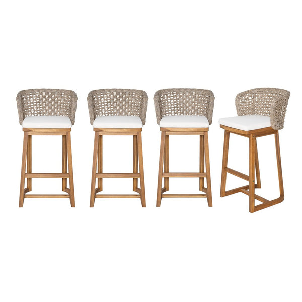 English Elm Outdoor Acacia Wood Barstools Set of 4 Wicker Back Teak Finish Patio Seating N773OB00134B