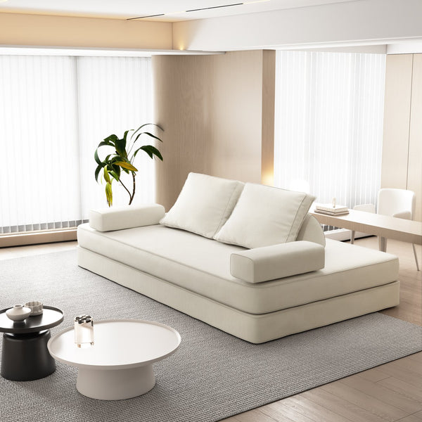 English Elm 86.6"Multifunctional Folding Sofa Bed with Chaise, Fluffy Chenille, Removable Backs & Pillows, Deep Seat Lounge Beige W3219P340665