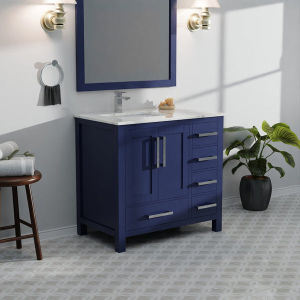English Elm Navy Solid Wood Bath Vanity 36" W x 22" D Left Offset with Carrara Marble Top, Soft-Close Drawers B2731P258856