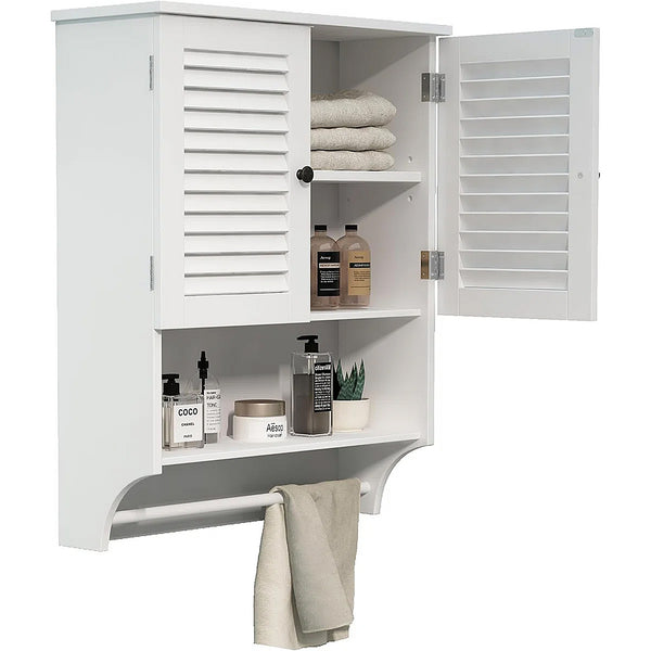 English Elm Wall-Mounted Bathroom Cabinet with Louvered Doors, Adjustable Shelves, Open Shelf & Towel Rod for Organized, Ventilated Storage White T3771P368595