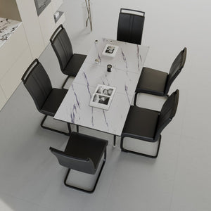 English Elm 47"-63" Expandable Dining Table Set Seats Six with Cushioned Chairs and Black Metal Legs W2189S00930