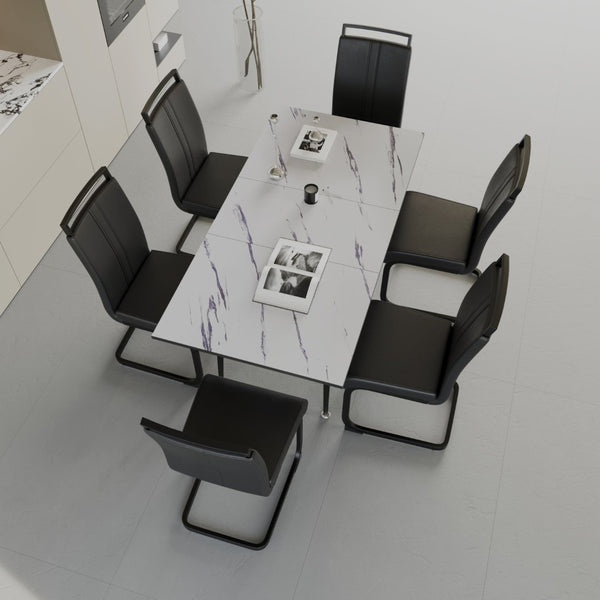 English Elm 47"-63" Expandable Dining Table Set Seats Six with Cushioned Chairs and Black Metal Legs W2189S00930